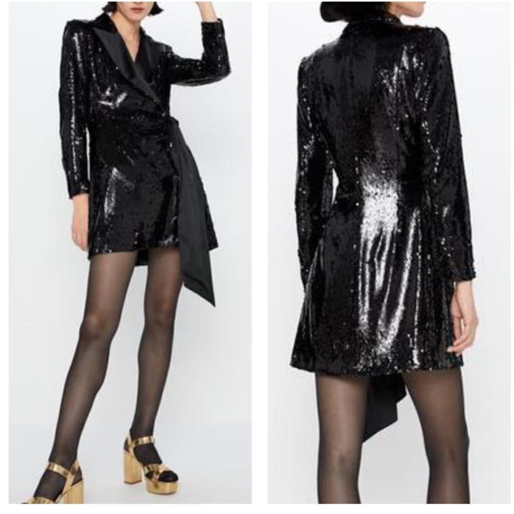 Zara Black Sequin Long Blazer Wrap Dress With Satin Lapels and Tie Size XS